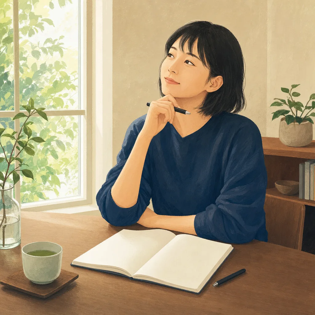 日記を書く日本人（編集記事向け）。日記、ジャーナリング、自分時間、振り返りの記事や案内に使える商用素材です。