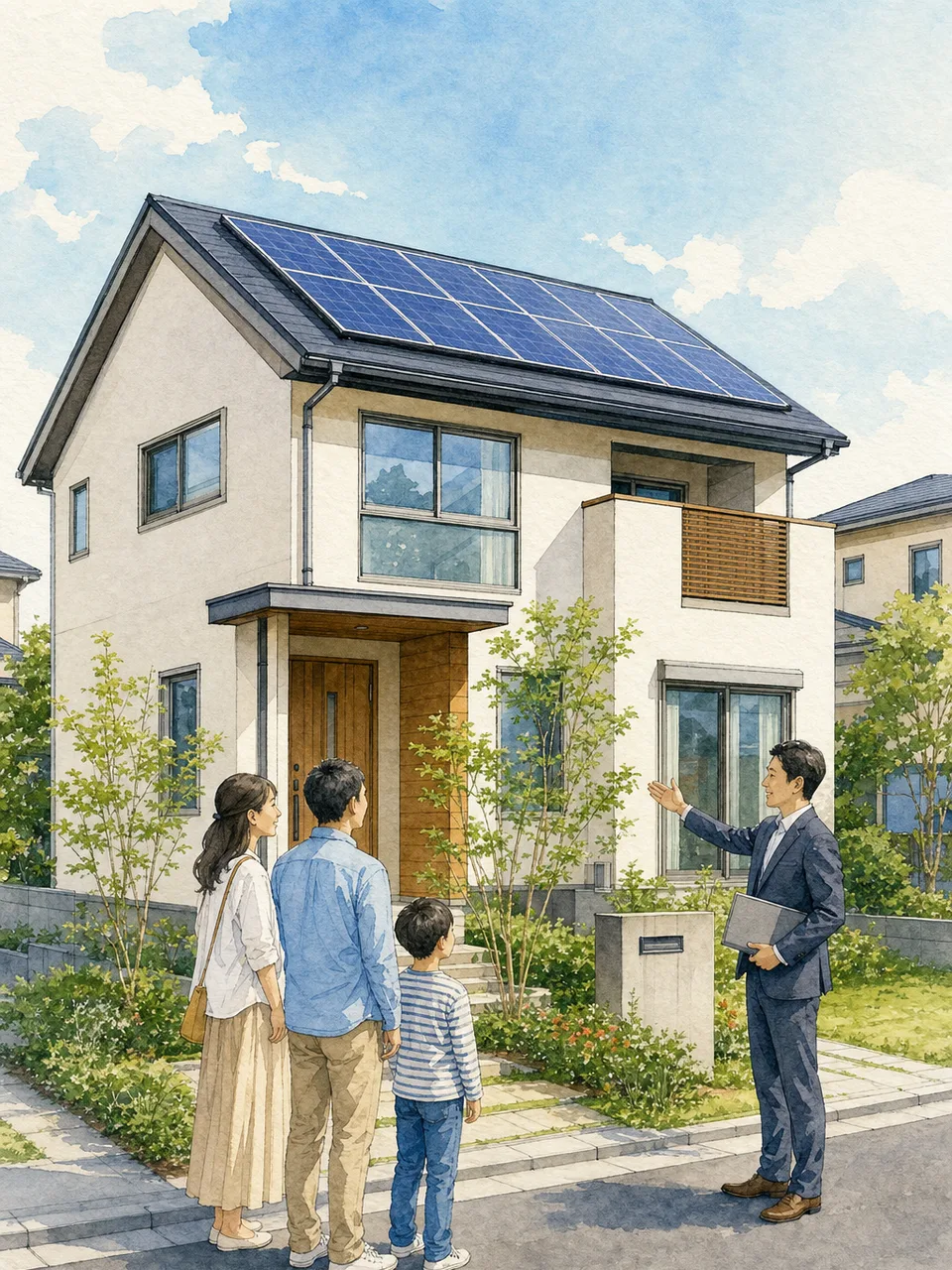太陽光発電を備えた省エネ住宅（手描き水彩）。省エネ住宅、太陽光発電、脱炭素、住宅設備の記事向け素材です。