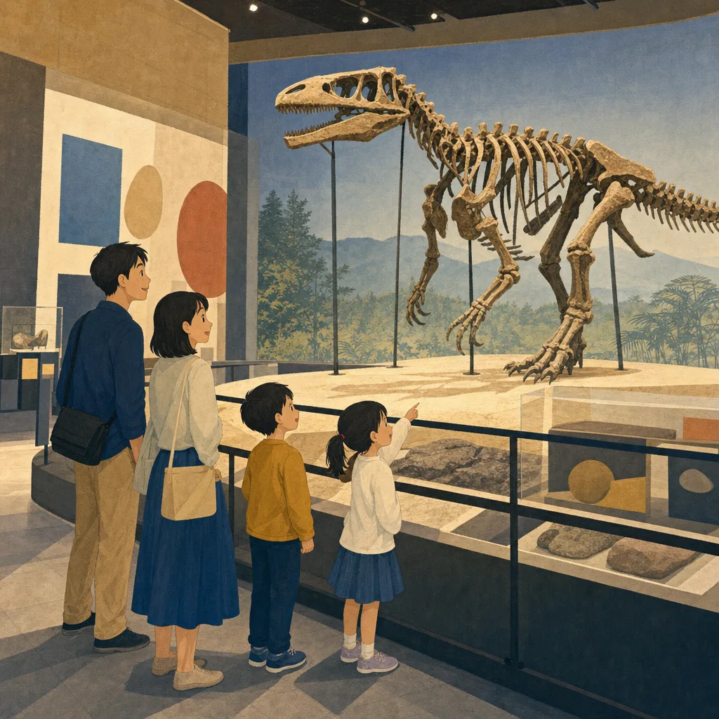 福井で恐竜を学ぶ家族旅行（編集記事向け）。福井旅行、恐竜博物館、家族旅行、北陸旅行の記事や案内に使える商用素材です。