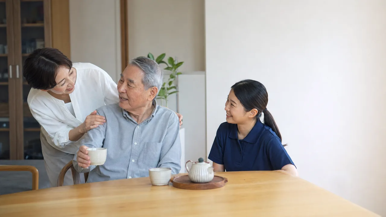 認知症の高齢者を支える家族と介護職（横長・コピースペース）。認知症、在宅介護、デイサービス、家族支援の記事向け素材です。