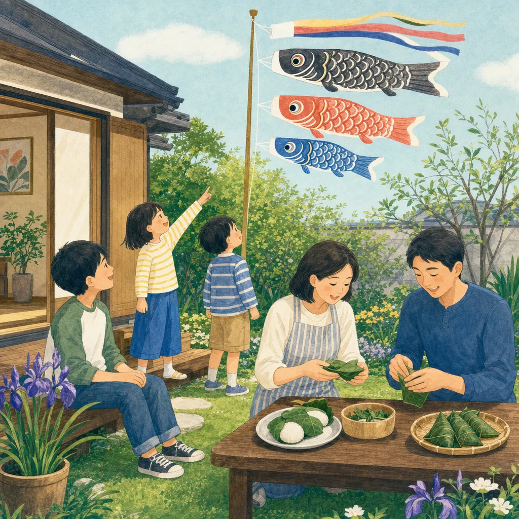 こどもの日を祝う日本人家族（編集記事向け）。こどもの日、鯉のぼり、家族、春の行事の記事向け素材です。