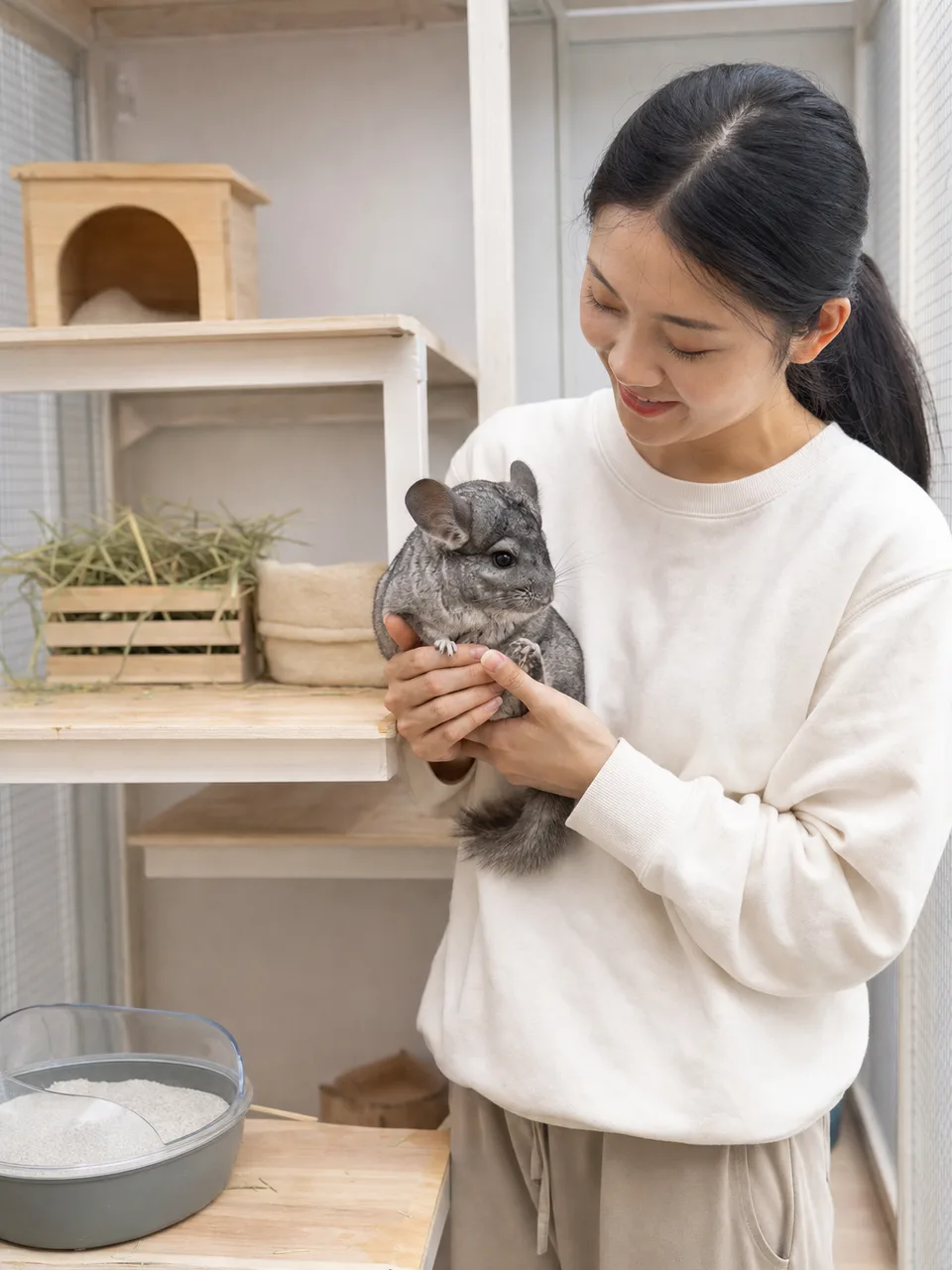 適切な環境で暮らすチンチラ（自然な縦位置写真）。チンチラ、小動物、ペット、飼育環境の記事や案内に使える商用素材です。