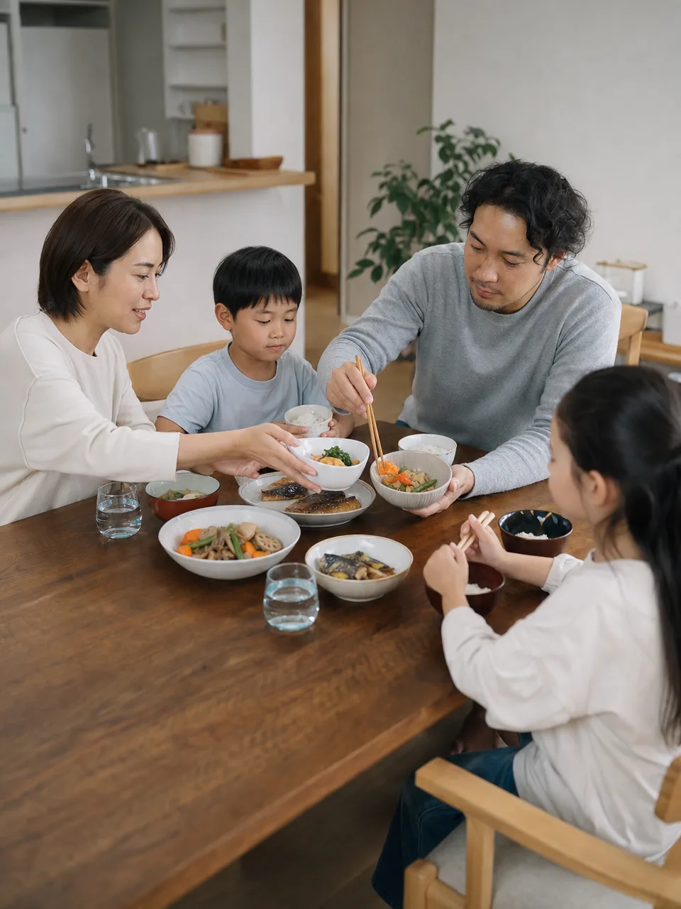 食卓を囲む日本の多文化家族（自然な縦位置写真）。多文化家族、国際家族、家族の食卓、多文化共生の記事や案内に使える商用素材です。