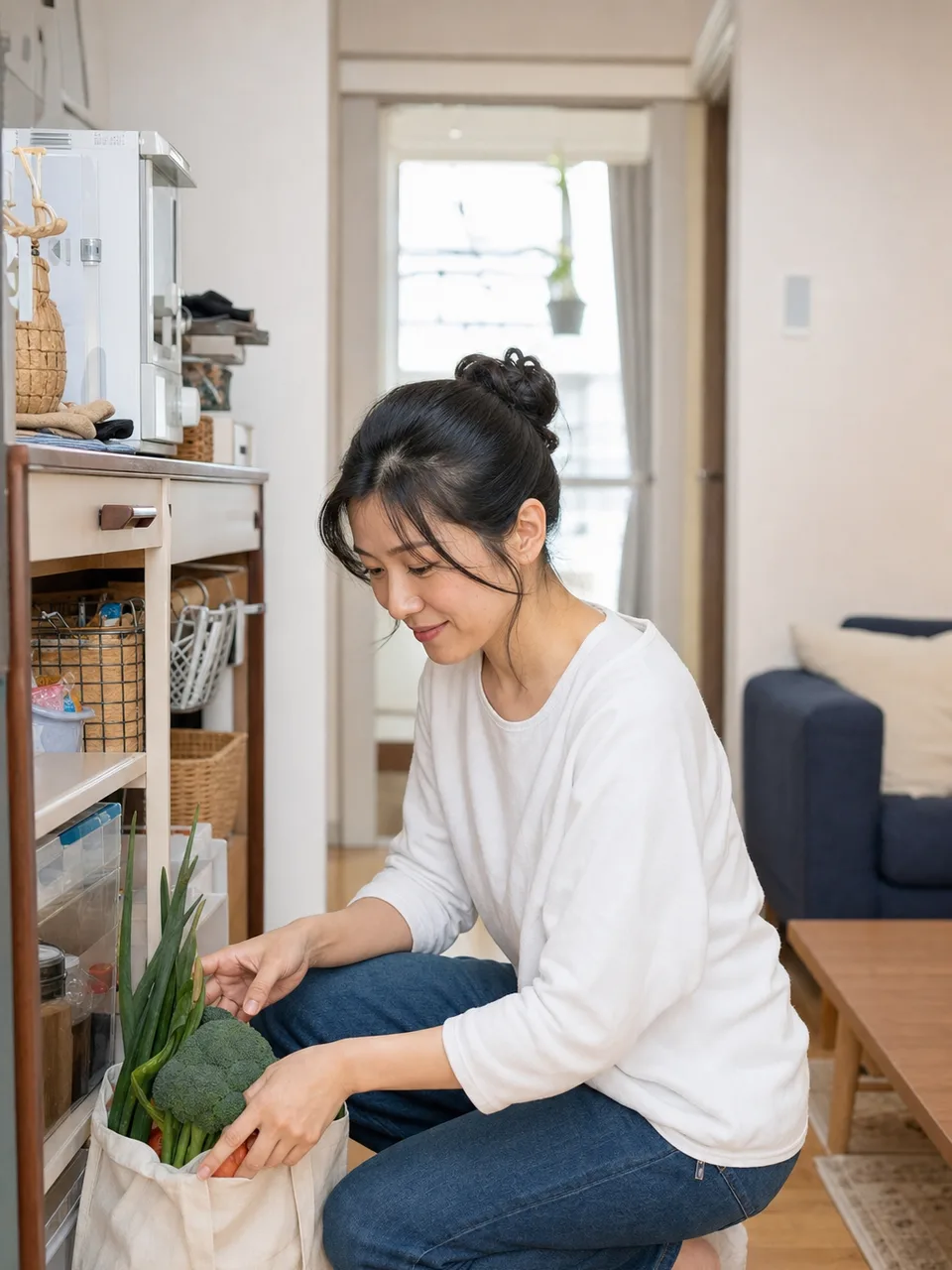 一人暮らしをする日本人女性（自然な縦位置写真）。一人暮らしの女性、家事、リラックス、暮らしの記事向け素材です。