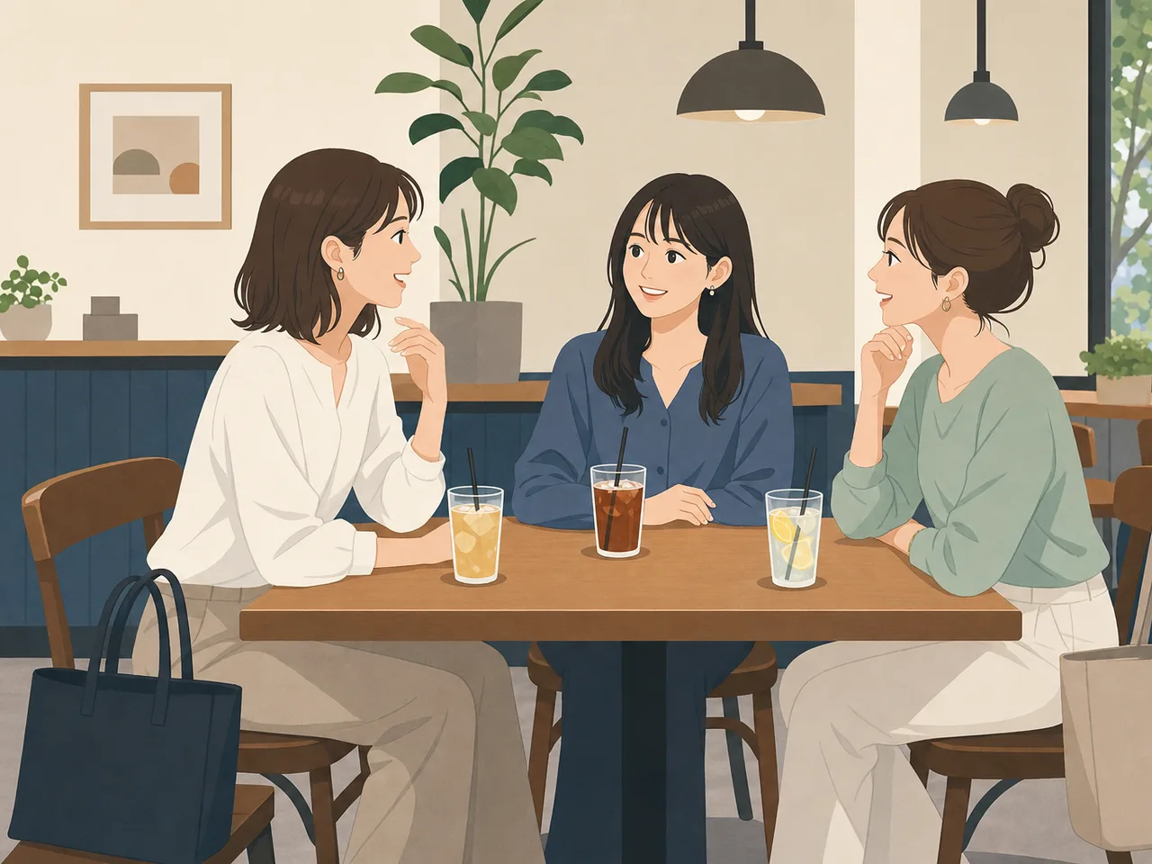 仕事帰りに話す日本人の友人（フラットイラスト）。仕事帰りのノンアルカフェ、退勤後の友人との会話、仕事帰り、友人の記事や案内に使える商用素材です。