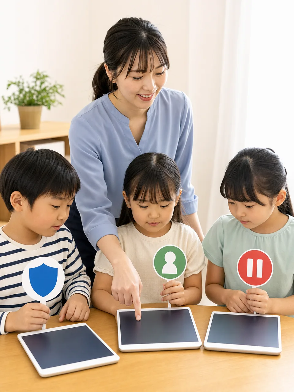 インターネット安全を学ぶ日本人の子ども（自然な縦位置写真）。ネット安全、情報モラル、子ども、インターネットの記事や案内に使える商用素材です。