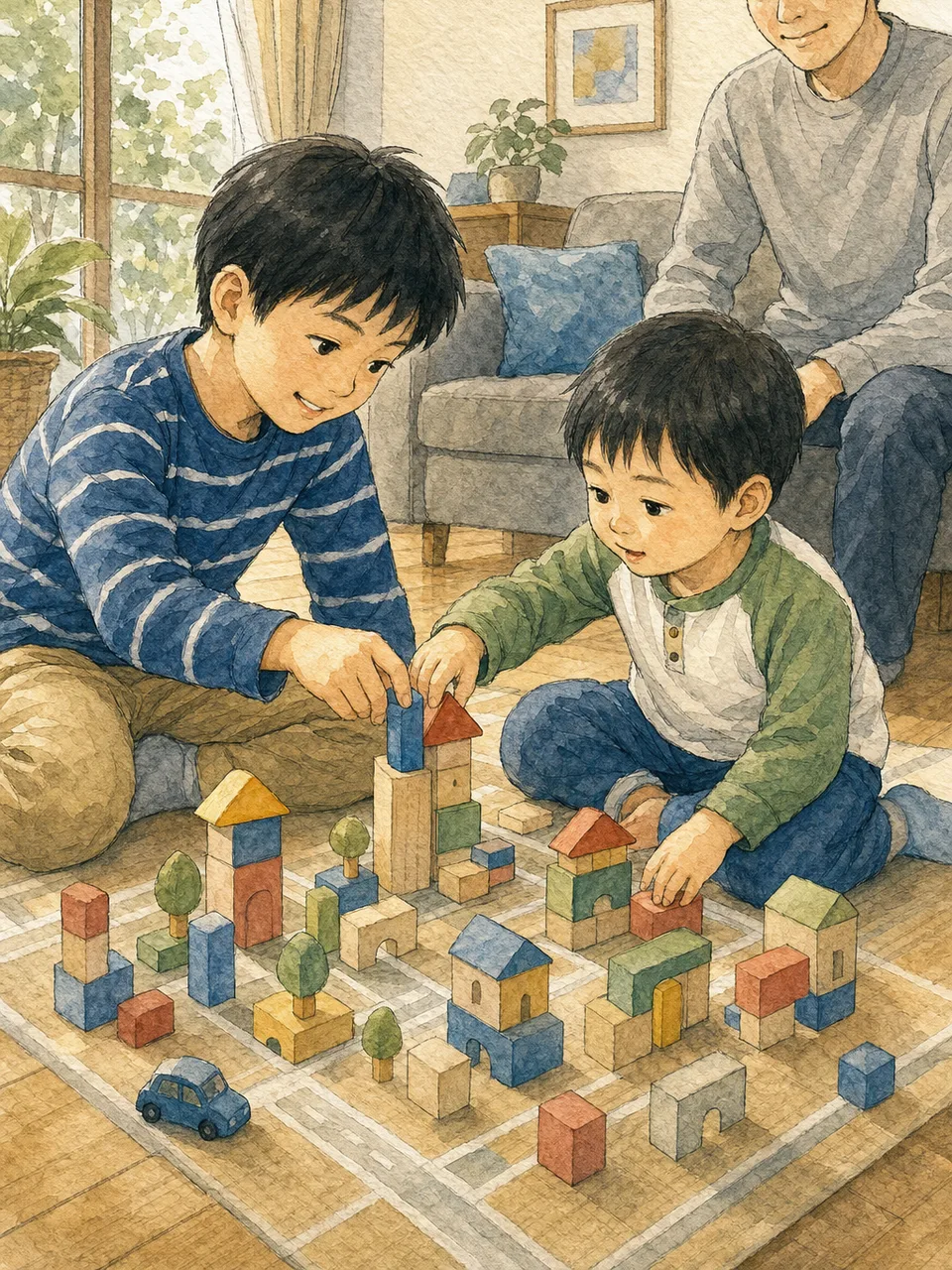 一緒に遊ぶ日本人の兄弟（手描き水彩）。兄弟、きょうだい、子ども、協力をテーマにした記事向け素材です。