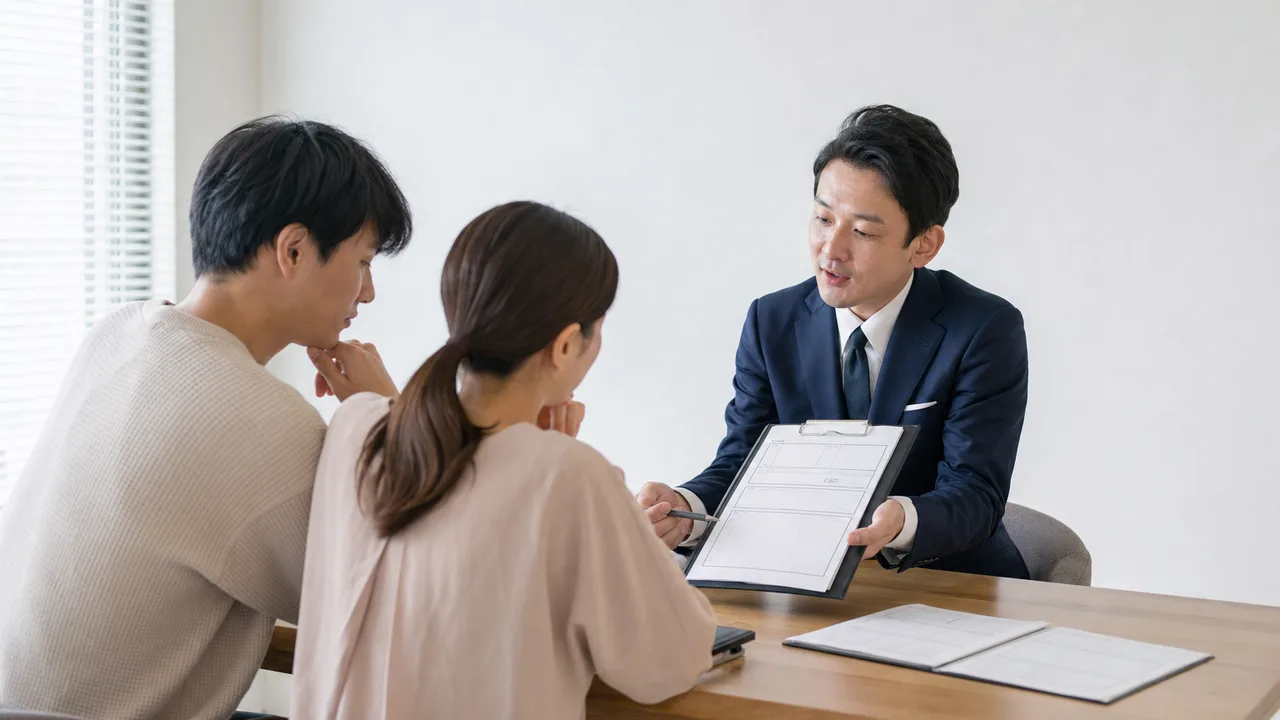 賃貸契約の説明を受ける日本人（横長・コピースペース）。賃貸契約、不動産、部屋探し、重要事項説明の記事向け素材です。