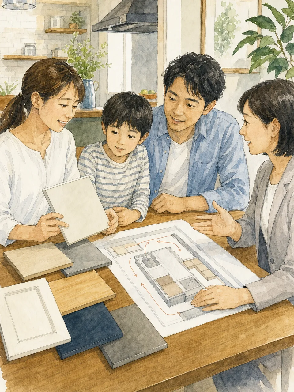 キッチンリフォームを相談する日本人（手描き水彩）。キッチンリフォーム、住宅改修、家事動線、住まいの記事向け素材です。