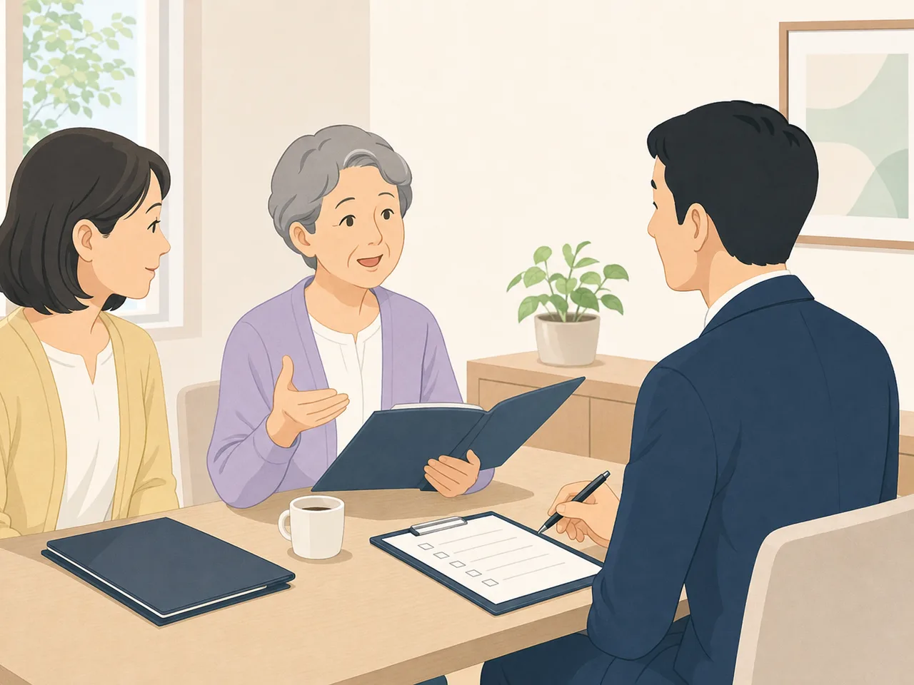 終活について相談する日本人シニア（フラットイラスト）。終活、老後準備、家族相談、専門サービスの記事向け素材です。
