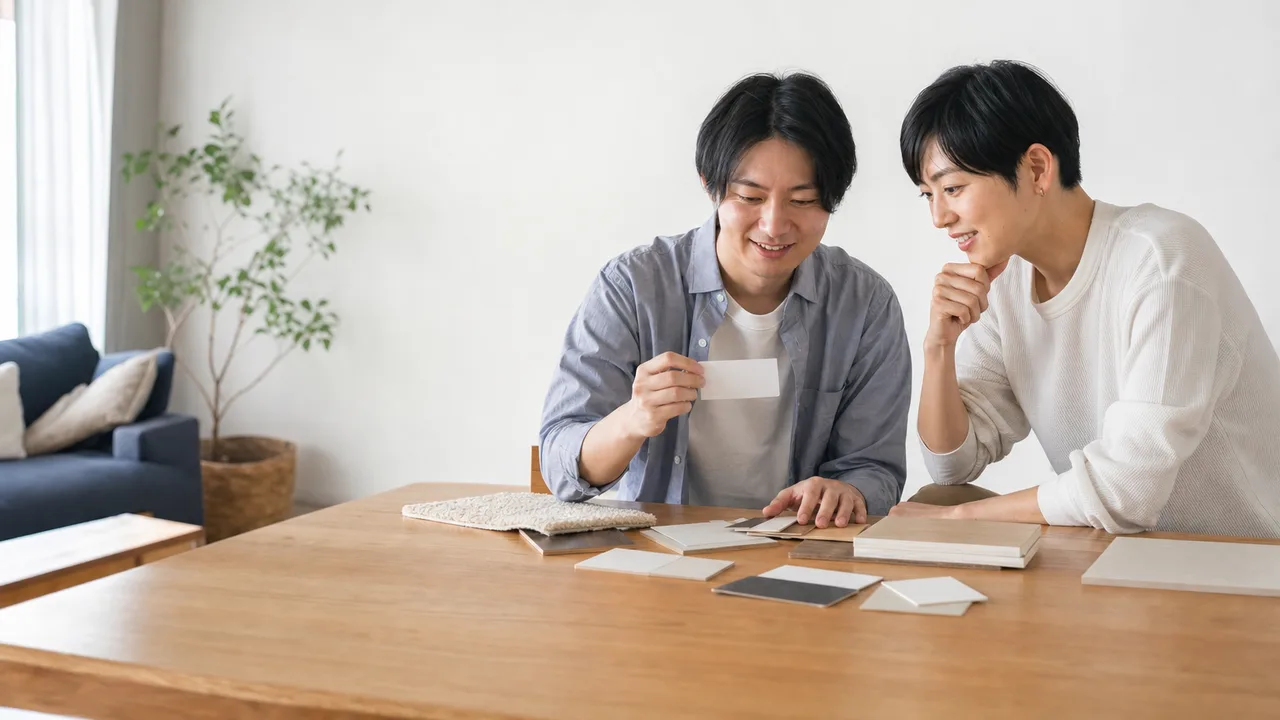 新生活を計画する日本人同性カップル（横長・コピースペース）。同性カップルの住宅相談、二人暮らしの住まい計画、同性カップル、LGBTQの記事や案内に使える商用素材です。