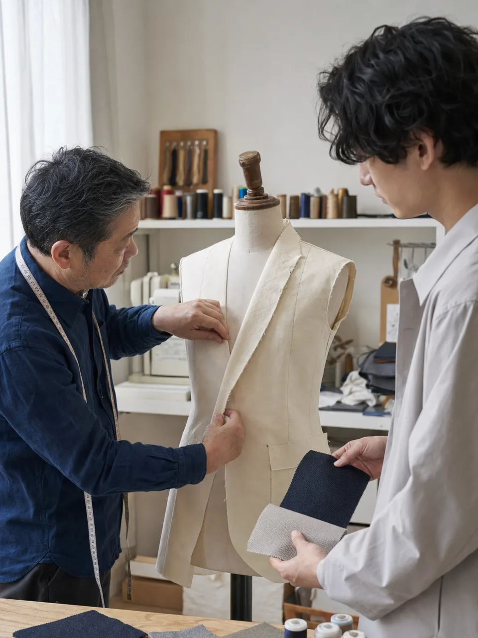 服を仕立てる日本人の洋裁職人（自然な縦位置写真）。仕立て屋、洋裁、縫製、ものづくりの記事向け素材です。