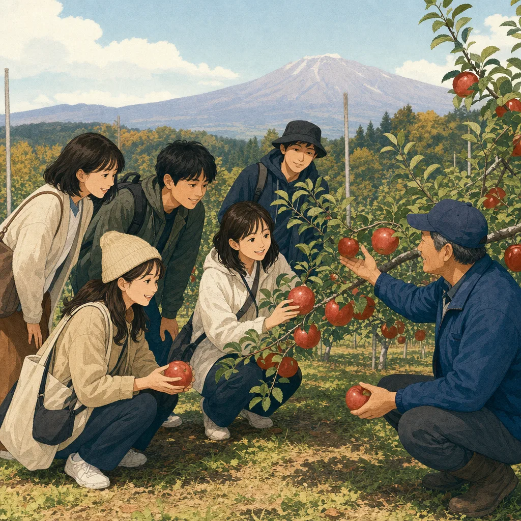 青森のりんご畑を訪れる旅行者（編集記事向け）。青森旅行、りんご畑、りんご狩り、東北旅行の記事や案内に使える商用素材です。