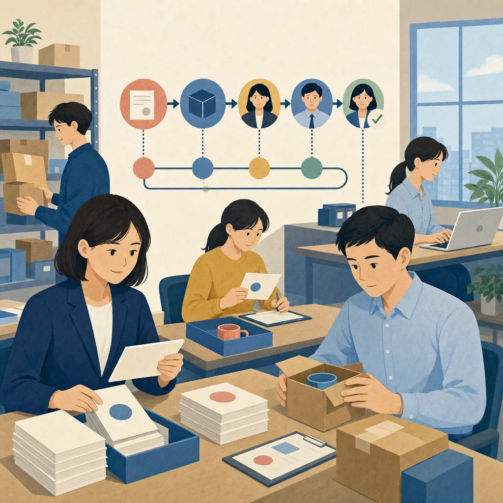 請求書を管理する日本人経理担当者（編集記事向け）。請求書管理、経理、支払業務、買掛金の記事や案内に使える商用素材です。