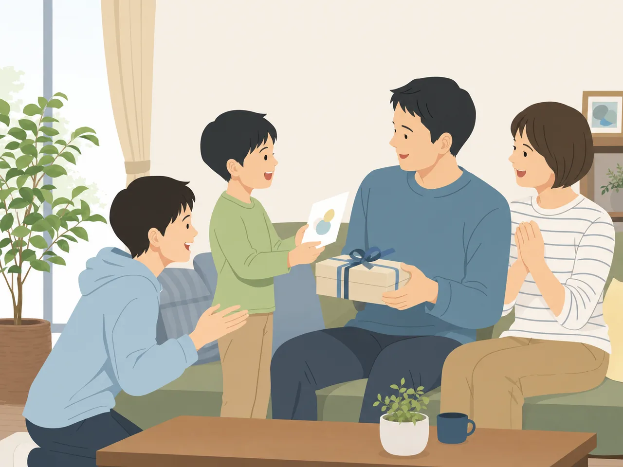 父の日に感謝を伝える日本人家族（フラットイラスト）。父の日、家族、感謝、初夏の行事の記事向け素材です。