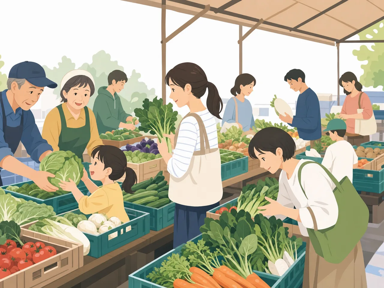 旬の野菜を選ぶ日本人（フラットイラスト）。直売所、旬の野菜、農産物、地産地消の記事や案内に使える商用素材です。