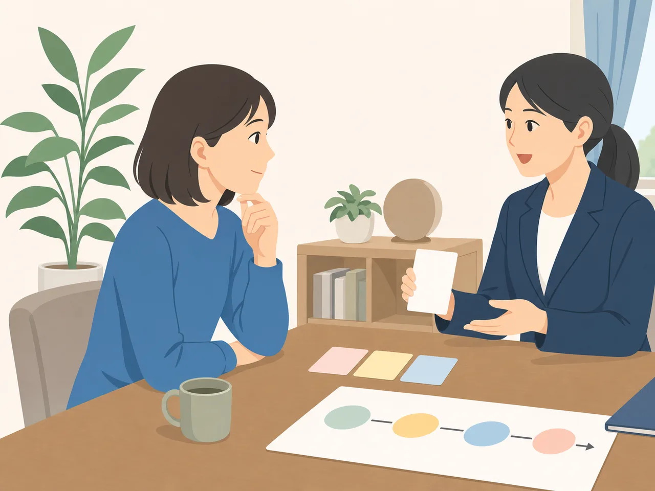 多重債務を相談する日本人（フラットイラスト）。多重債務相談、債務整理、生活再建、金融相談の記事や案内に使える商用素材です。