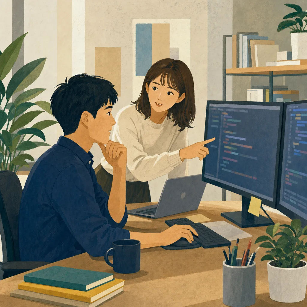 開発に取り組む日本人プログラマー（編集記事向け）。プログラマー、システム開発、IT人材、チーム開発の記事向け素材です。