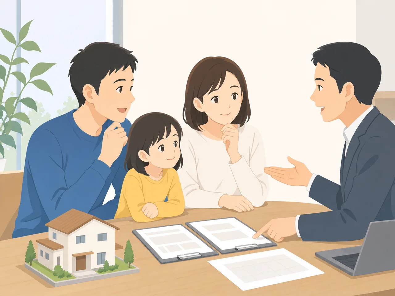 住宅ローンを相談する日本人家族（フラットイラスト）。住宅購入、金融、家計相談、不動産サービスに使える相談場面です。