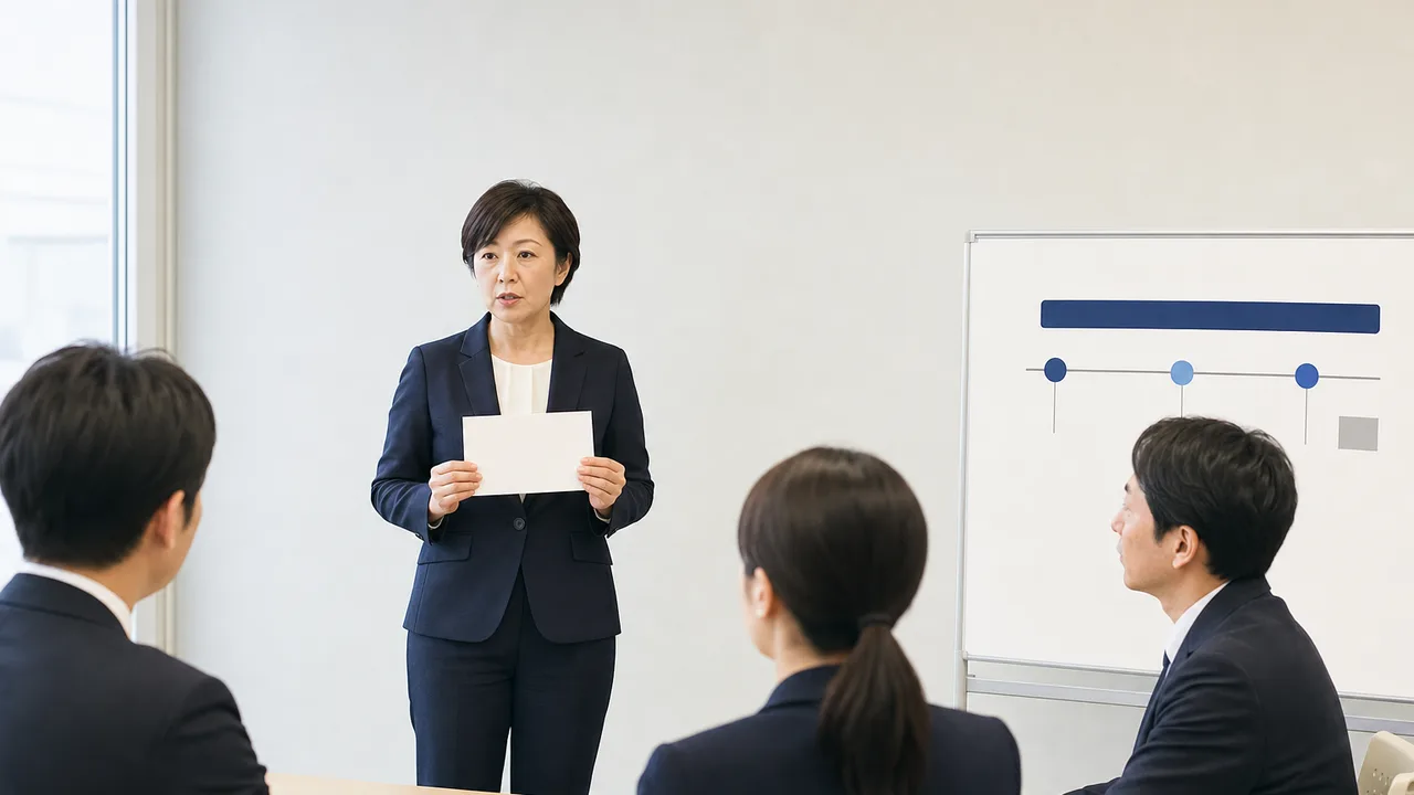 危機広報を訓練する日本人チーム（横長・コピースペース）。危機広報、広報訓練、緊急対応、情報発信の記事や案内に使える商用素材です。
