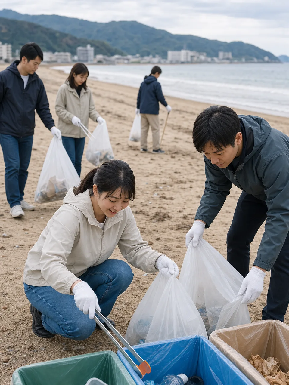 海岸清掃に参加する日本人（自然な縦位置写真）。海岸清掃、ビーチクリーン、環境ボランティア、海洋ごみの記事や案内に使える商用素材です。