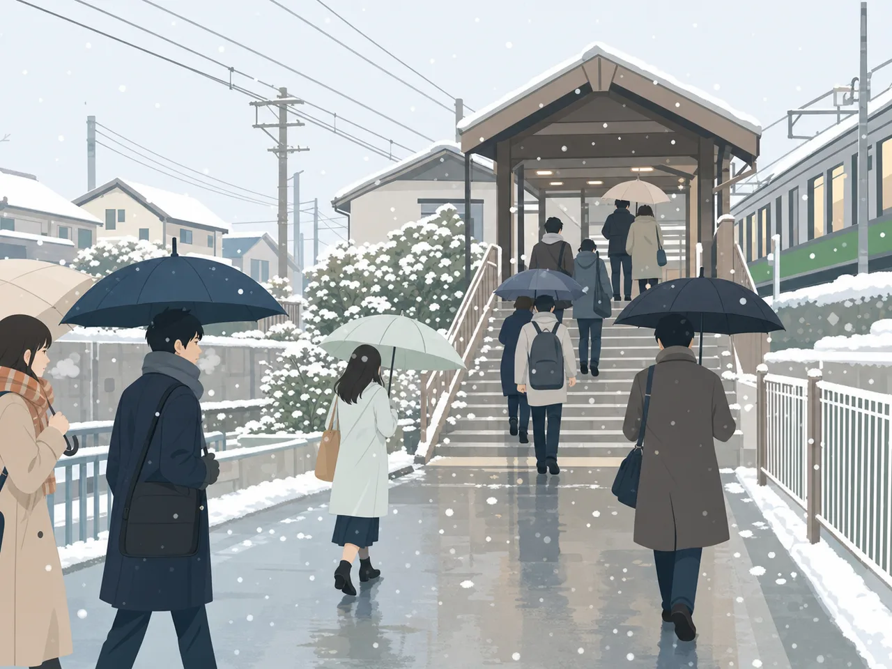 雪の日に通勤する日本人（フラットイラスト）。冬の交通、働き方、天候対策の記事に使える、雪の日の通勤風景素材です。