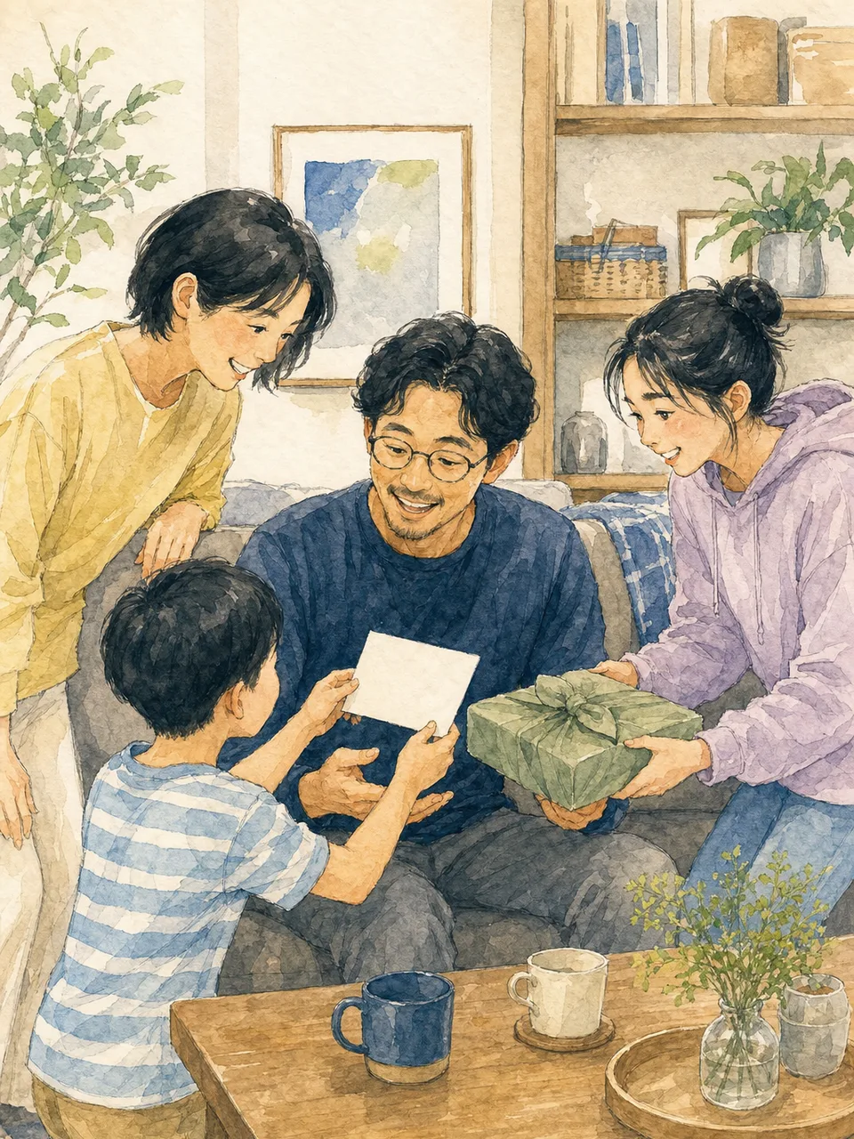 父の日に感謝を伝える日本人家族（手描き水彩）。父の日、家族、感謝、初夏の行事の記事向け素材です。