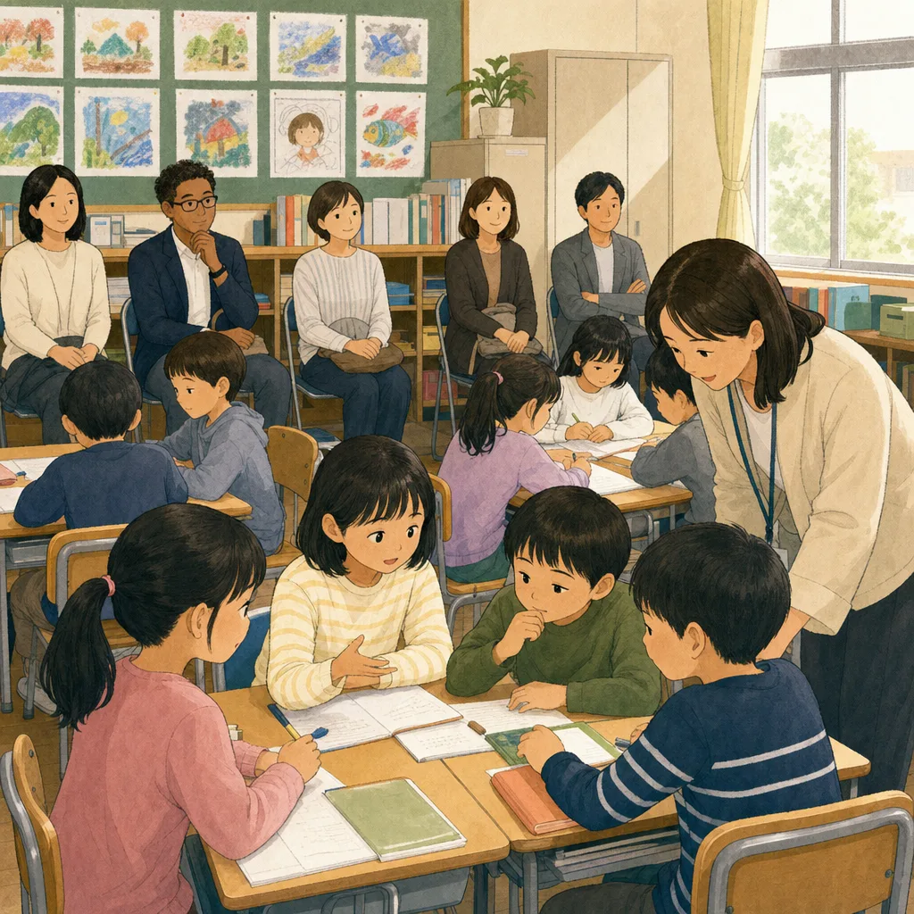 授業参観に参加する日本人保護者（編集記事向け）。授業参観、保護者、学校、子どもの学びの記事向け素材です。