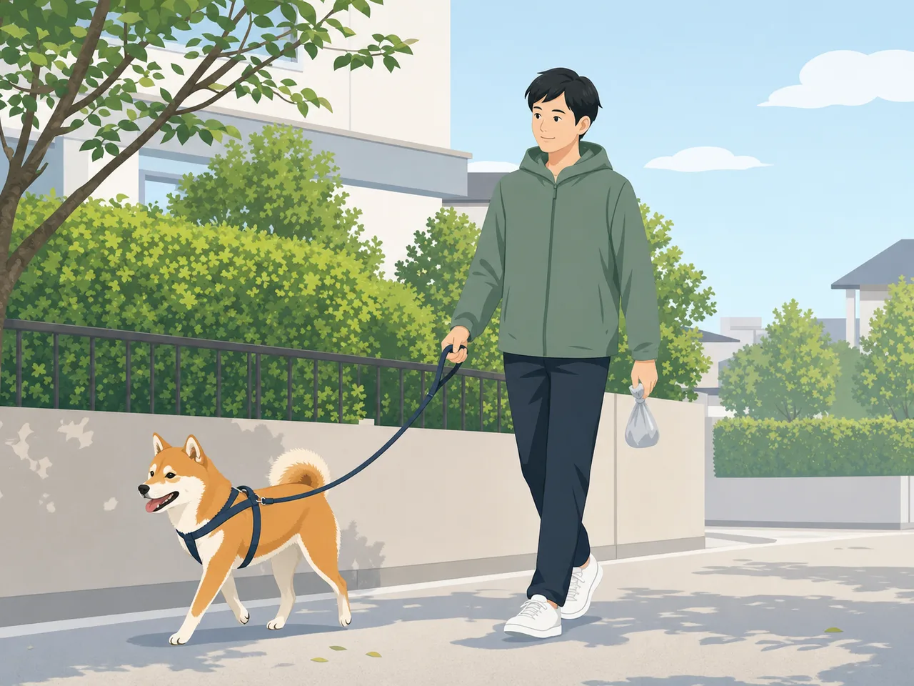 柴犬と散歩する日本人（フラットイラスト）。柴犬、犬の散歩、ペットとの暮らし、日常の記事向け素材です。