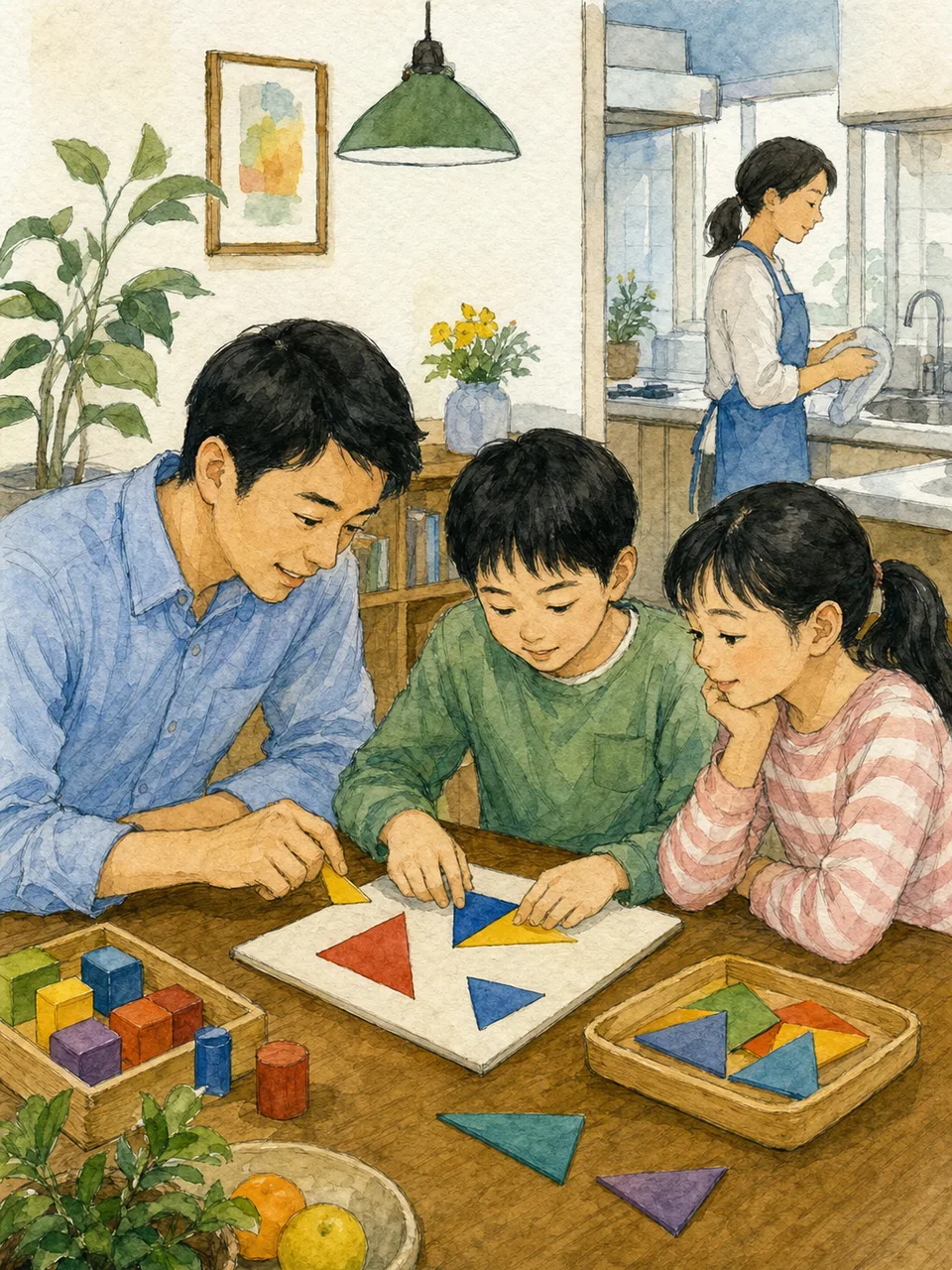 家庭教師と学ぶ日本人の生徒（手描き水彩）。家庭教師、個別指導、家庭学習、教育支援の記事に使える素材です。