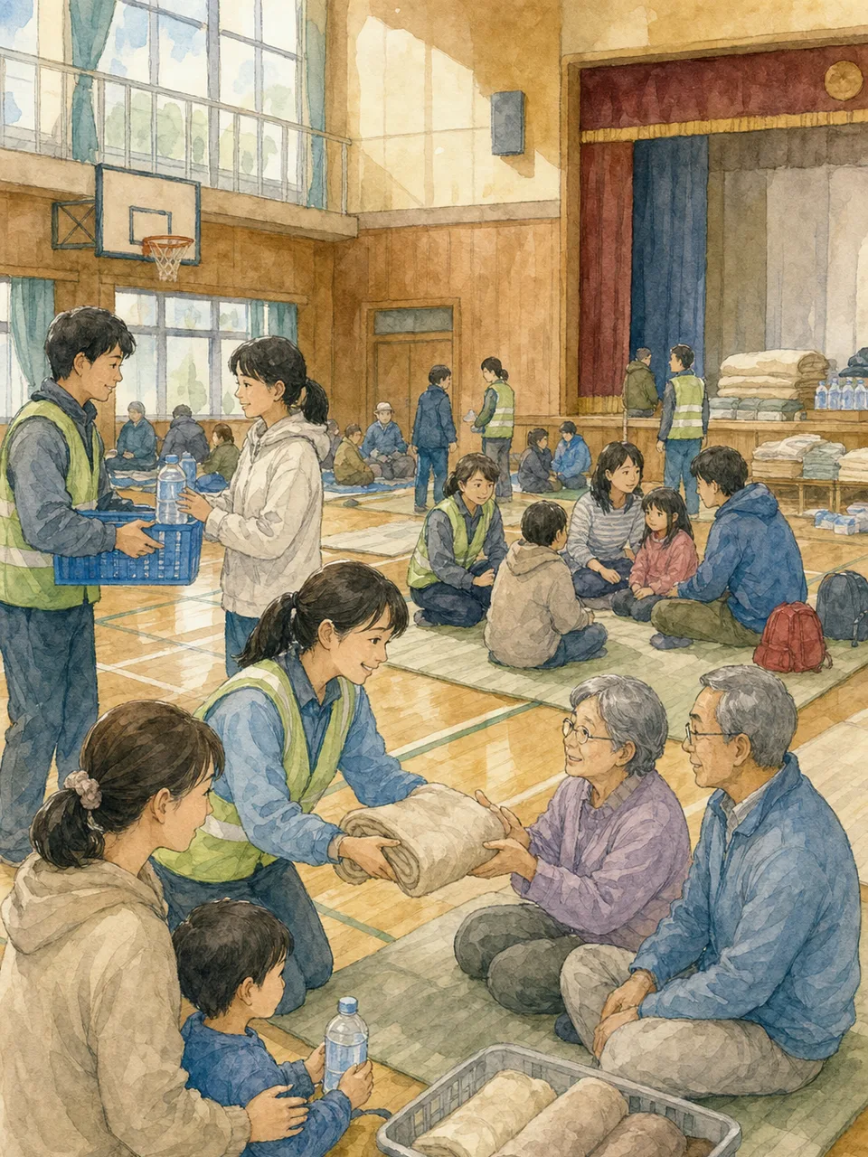 地震後の避難所で支え合う地域住民（手描き水彩）。防災、地震対策、避難所運営、地域支援の記事に使える素材です。