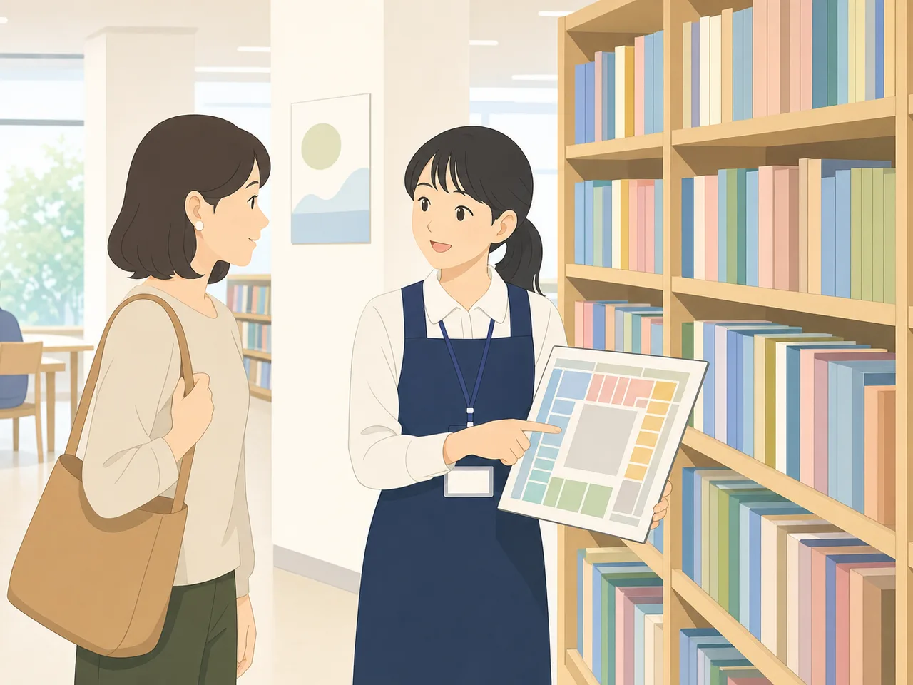 本探しを手伝う日本人図書館司書（フラットイラスト）。図書館司書、図書館、読書、学習支援の記事に使える素材です。