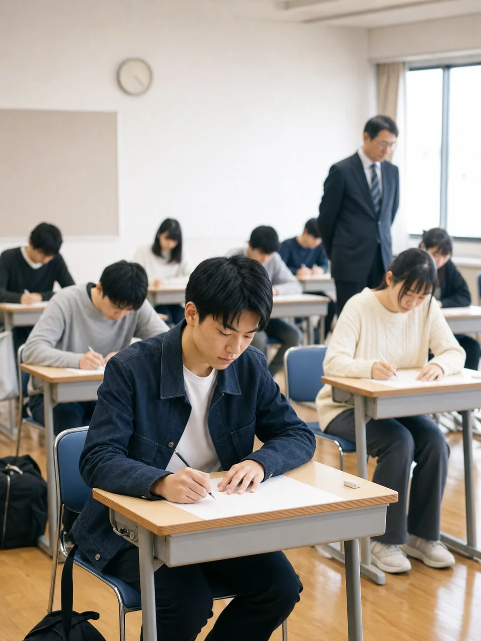 入学試験に臨む日本人学生（自然な縦位置写真）。入学試験、受験会場、進学、教育の記事向け素材です。
