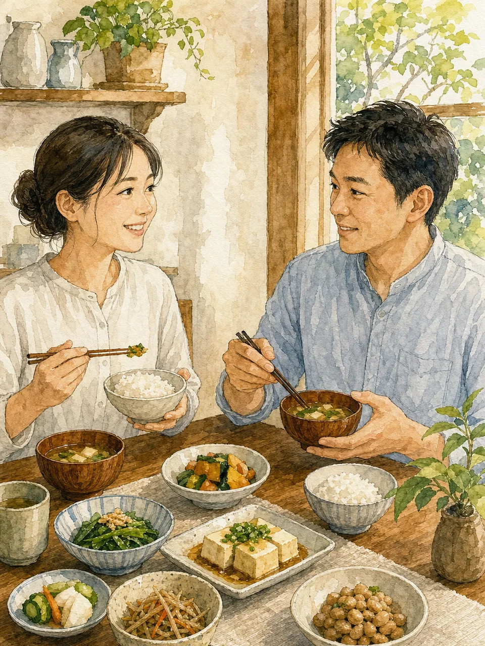 植物性の和食を楽しむ日本人（手描き水彩）。プラントベース、植物性食品、和食、豆腐料理の記事や案内に使える商用素材です。