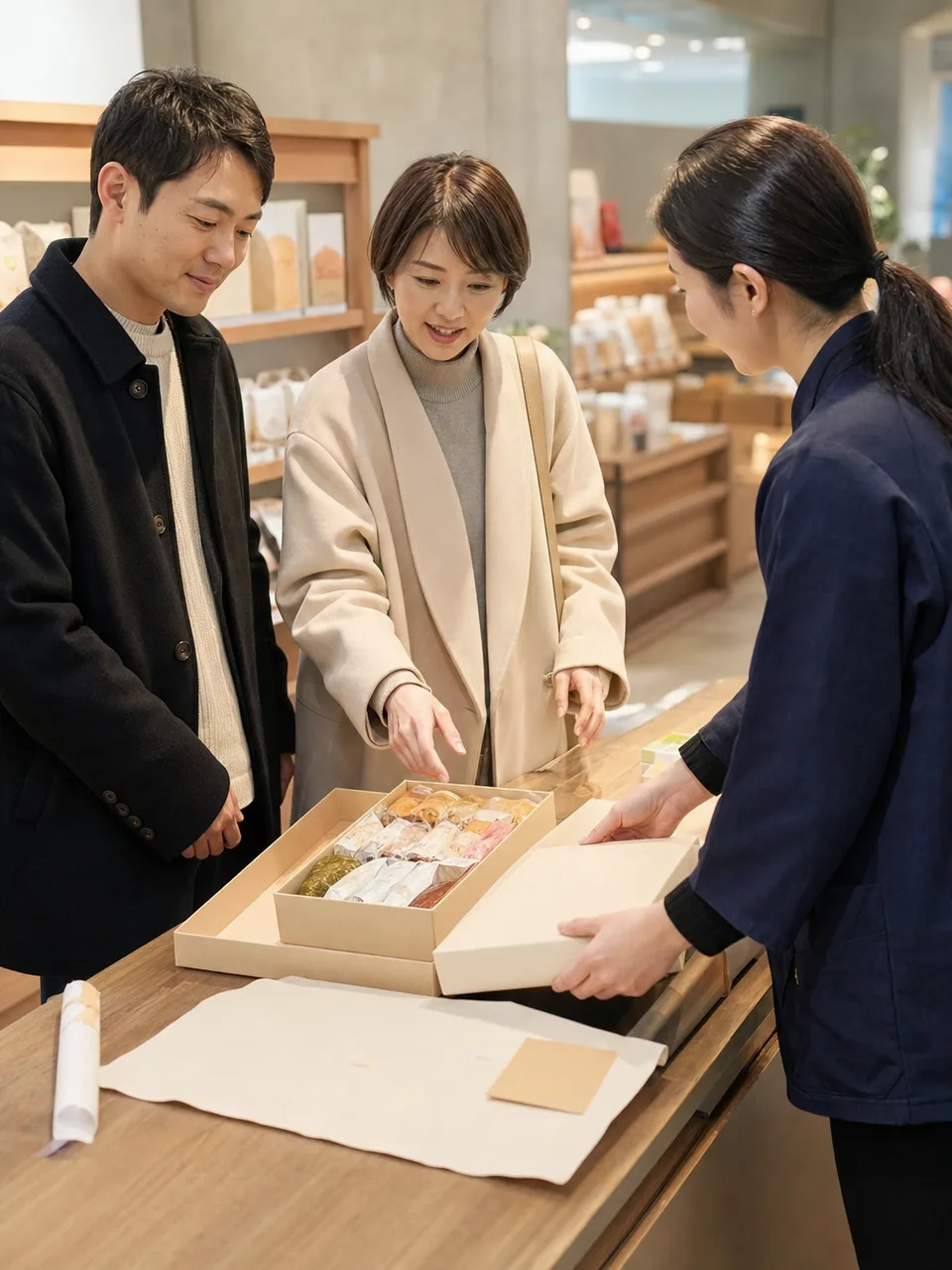 お歳暮を準備する日本人（自然な縦位置写真）。お歳暮、冬の贈り物、年末、感謝の記事向け素材です。