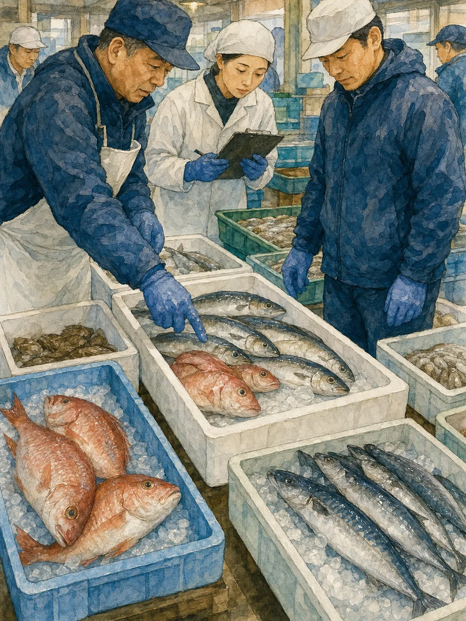 魚市場で鮮度を確認する日本人（手描き水彩）。魚市場、鮮魚、水産業、卸売市場の記事や案内に使える商用素材です。
