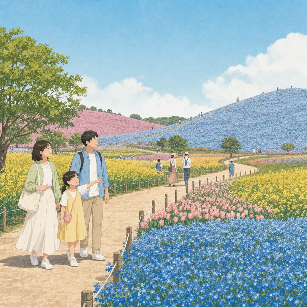 茨城の花畑を楽しむ旅行者（編集記事向け）。茨城旅行、花畑、花公園、関東旅行の記事や案内に使える商用素材です。