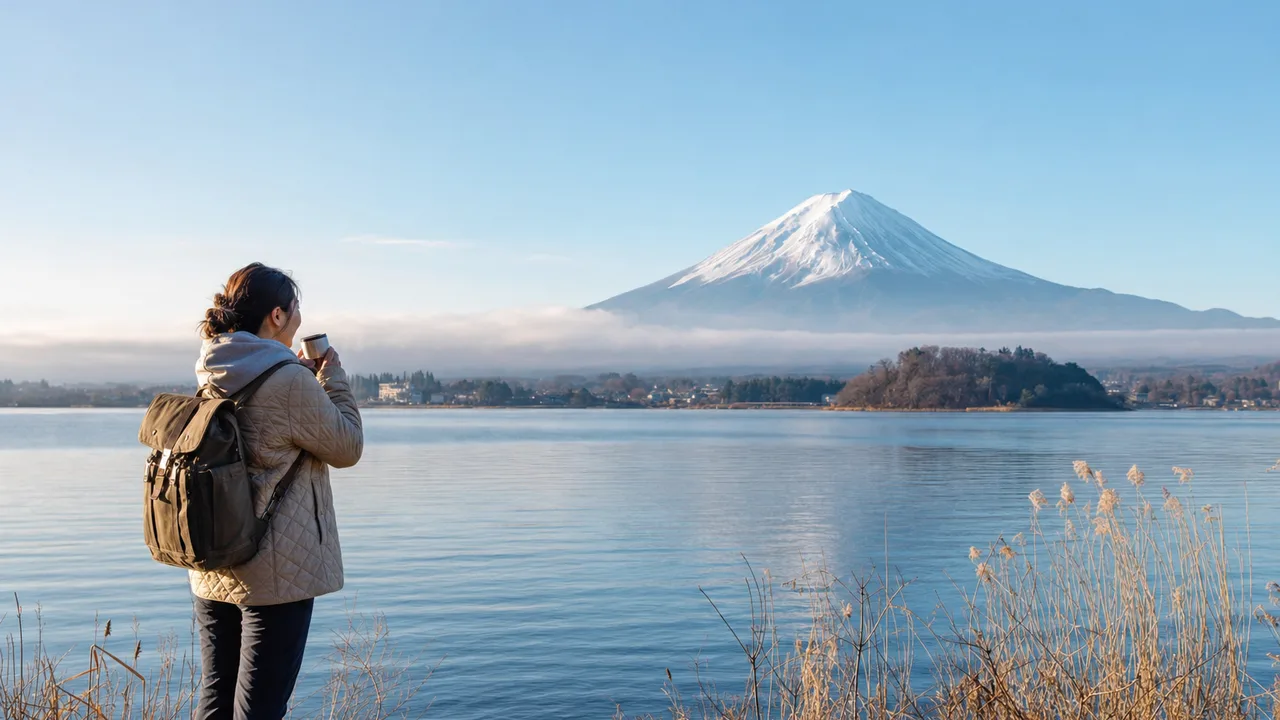 富士山を眺める日本人旅行者（横長・コピースペース）。富士山、国内観光、自然旅行、地域プロモーションに使える風景素材です。