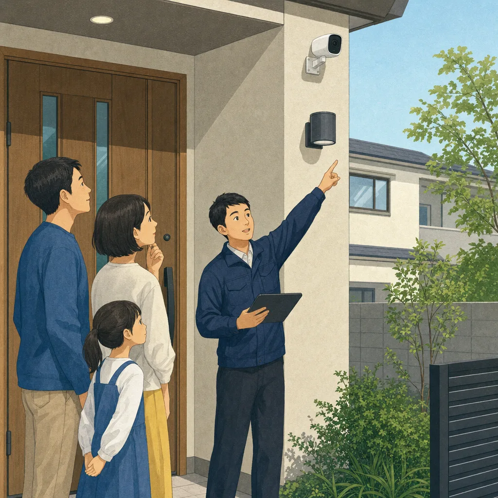 住宅防犯を確認する日本人家族（編集記事向け）。住宅防犯、防犯カメラ、戸締まり、住まいの安全の記事向け素材です。