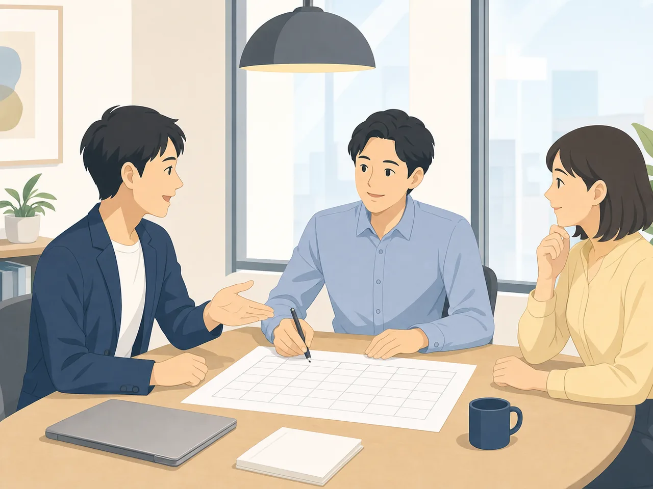 男性育休を相談する日本人会社員（フラットイラスト）。男性育休、育児休業、働き方、両立支援の記事に使える職場素材です。