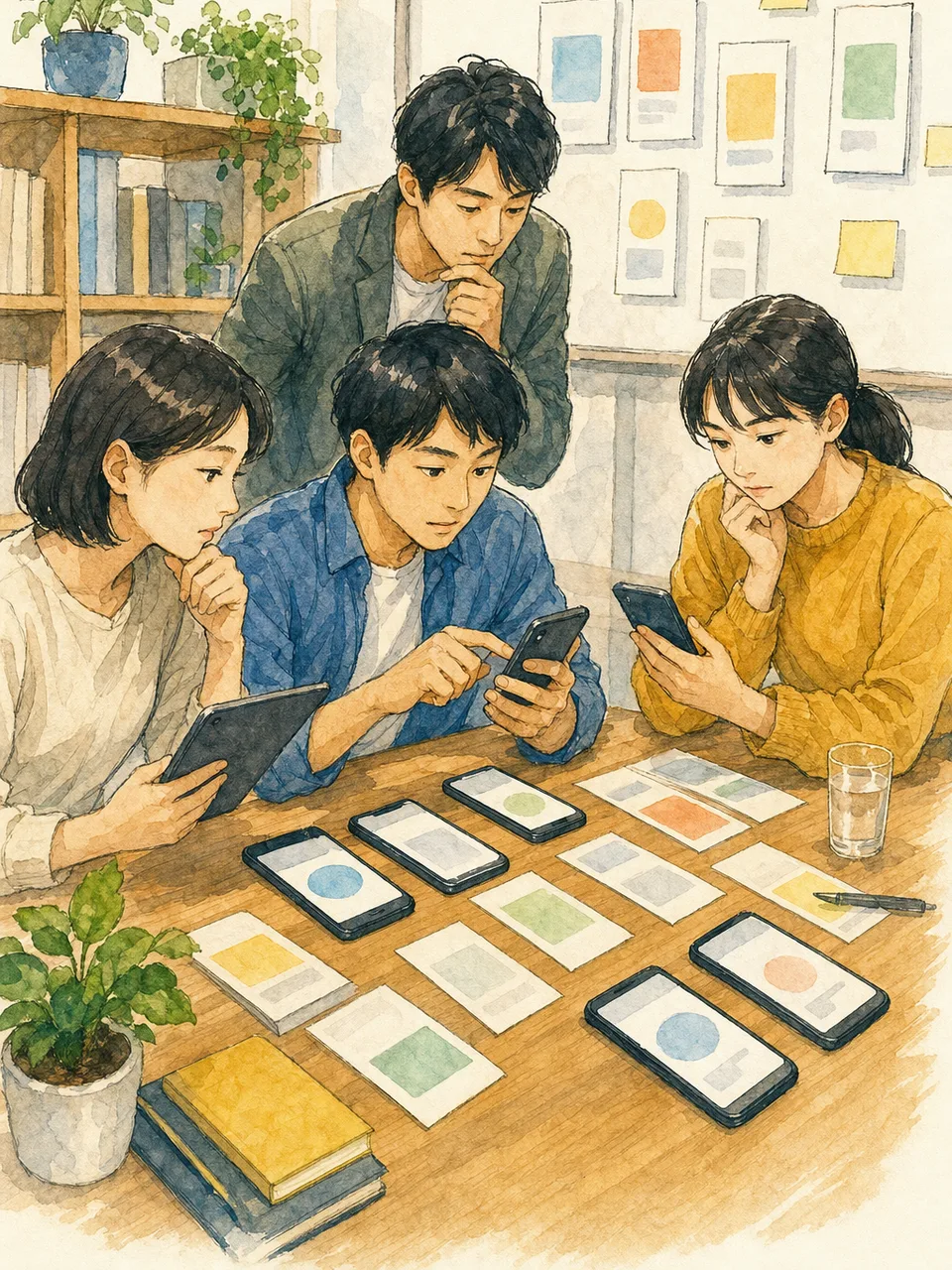 スマホアプリを検証する日本人テスター（手描き水彩）。アプリテスト、QA、品質保証、スマホアプリの記事や案内に使える商用素材です。