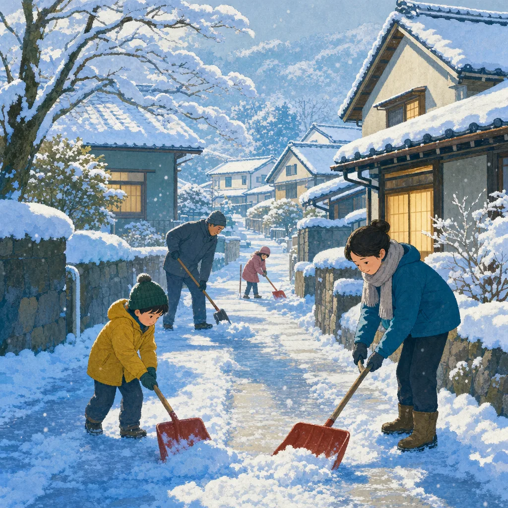 雪の朝の日本の街（編集記事向け）。冬、天気、交通、地域情報の記事に使える、雪が積もった日本の街並み素材です。