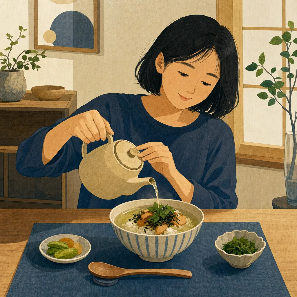お茶漬けを味わう日本人（編集記事向け）。お茶漬け、和食、軽食、ご飯の記事や案内に使える商用素材です。