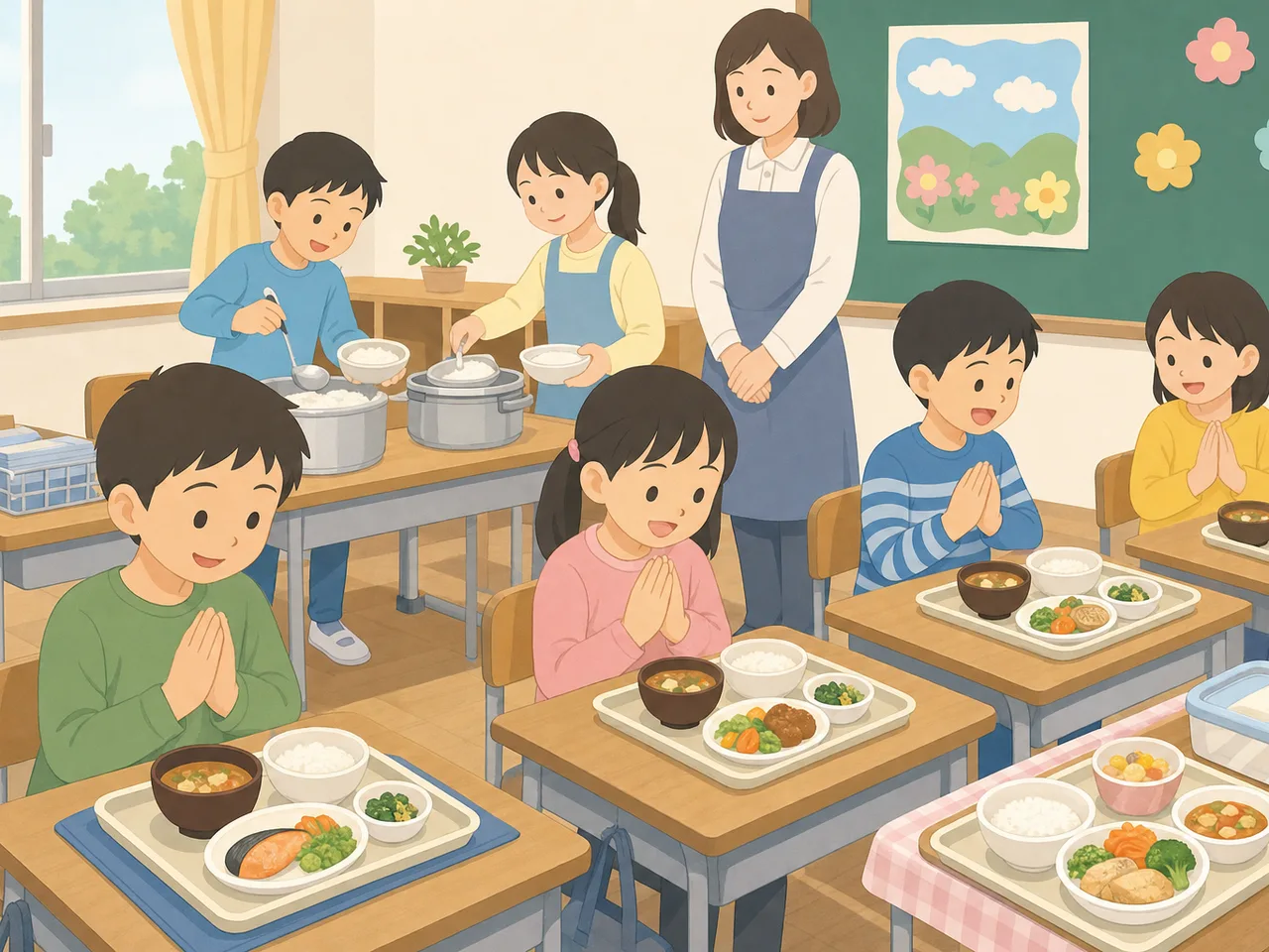 学校給食を楽しむ日本人の児童（フラットイラスト）。学校給食、食育、小学校、子どもの生活の記事向け素材です。