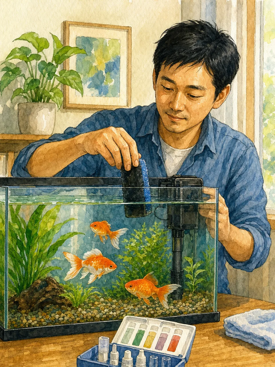 金魚の水槽を手入れする日本人（手描き水彩）。金魚、アクアリウム、水槽管理、ペットの記事向け素材です。