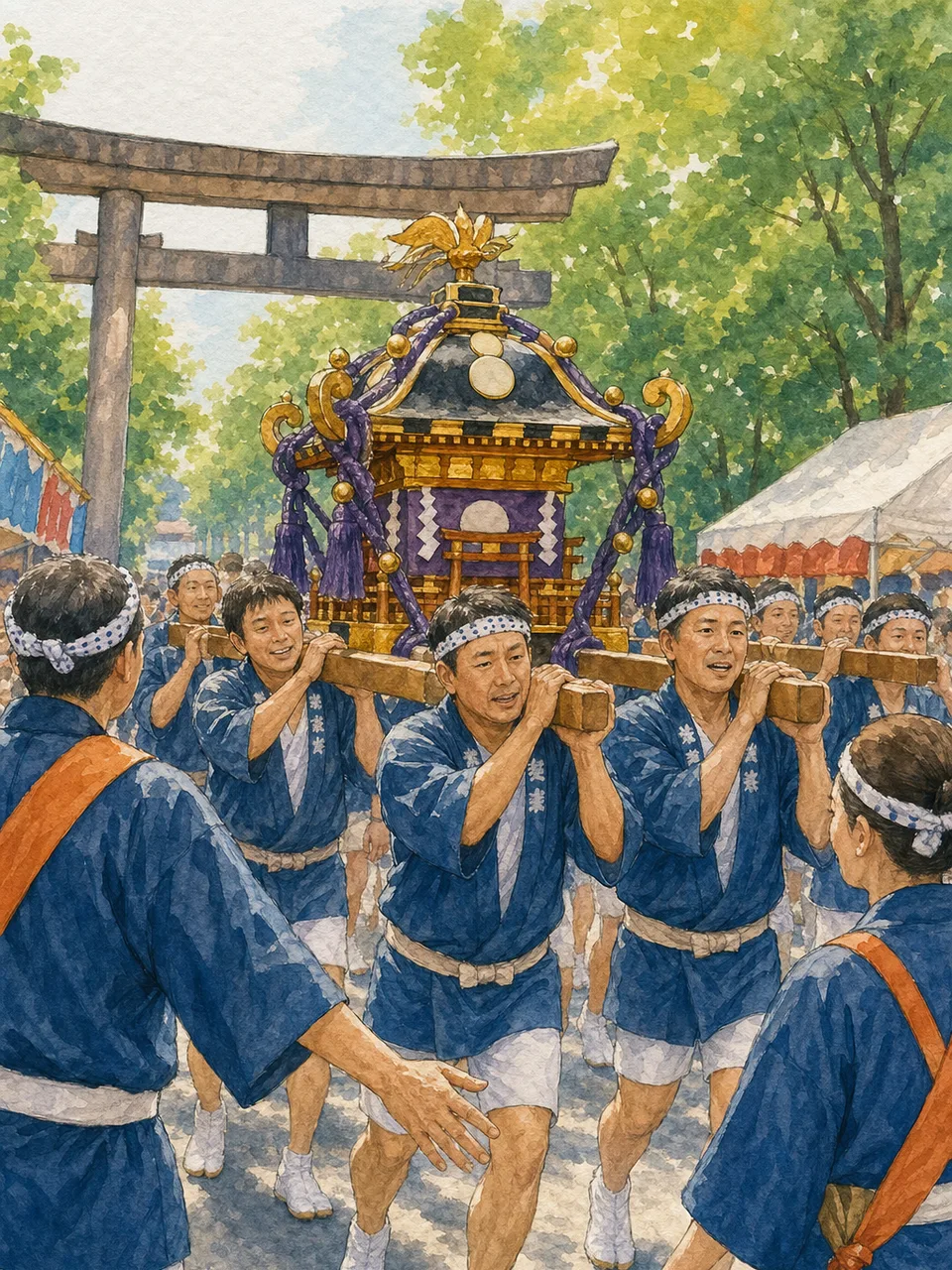 神輿を支える日本人地域住民（手描き水彩）。神輿、地域祭り、伝統行事、祭礼の記事や案内に使える商用素材です。