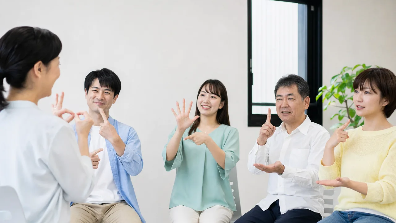 手話を学ぶ日本人グループ（横長・コピースペース）。手話教室、日本手話、聴覚障害、コミュニケーションの記事や案内に使える商用素材です。