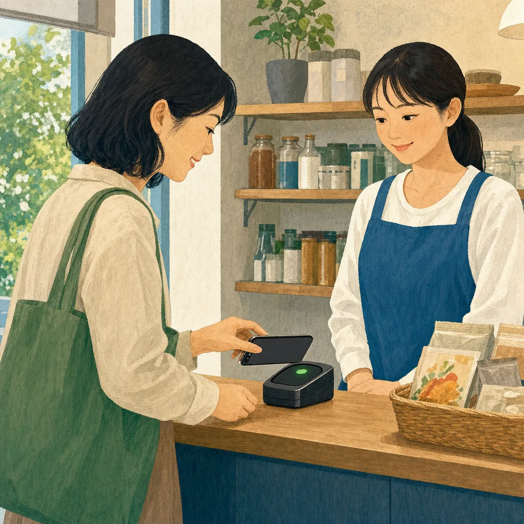 電子決済を利用する日本人の買い物客（編集記事向け）。電子決済、キャッシュレス、買い物、小売の記事向け素材です。