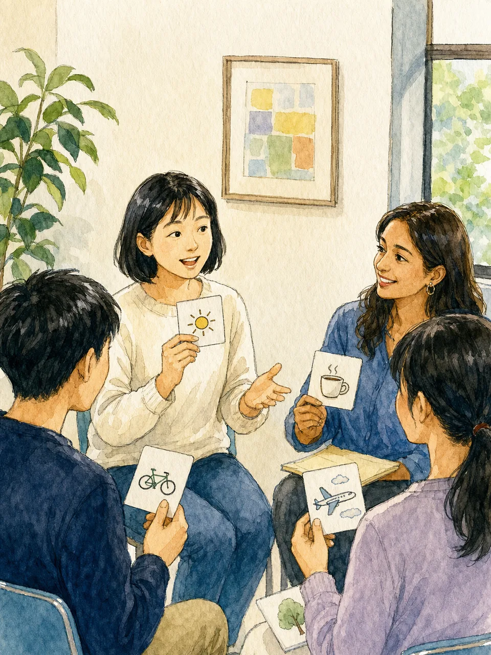 英会話教室で学ぶ日本人（手描き水彩）。英会話教室、語学学習、大人の学び、コミュニケーションの記事向け素材です。