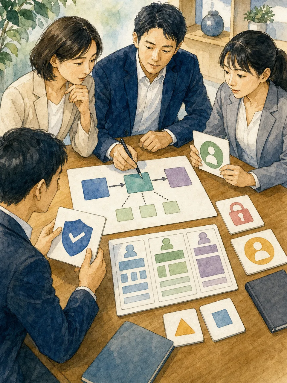 プライバシー影響評価をする日本人（手描き水彩）。プライバシー影響評価、PIA、個人情報保護、データ保護の記事や案内に使える商用素材です。